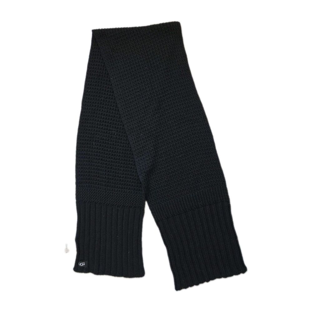 UGG Black Wool Blend Knit Scarf Chunky Waffle Texture Winter Cozy Lon OS GUC